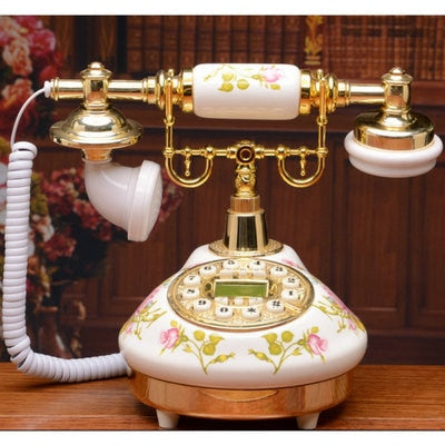 Antique-Style Tabletop Ceramic Telephone - Floral on White Background w/ Brass Accents