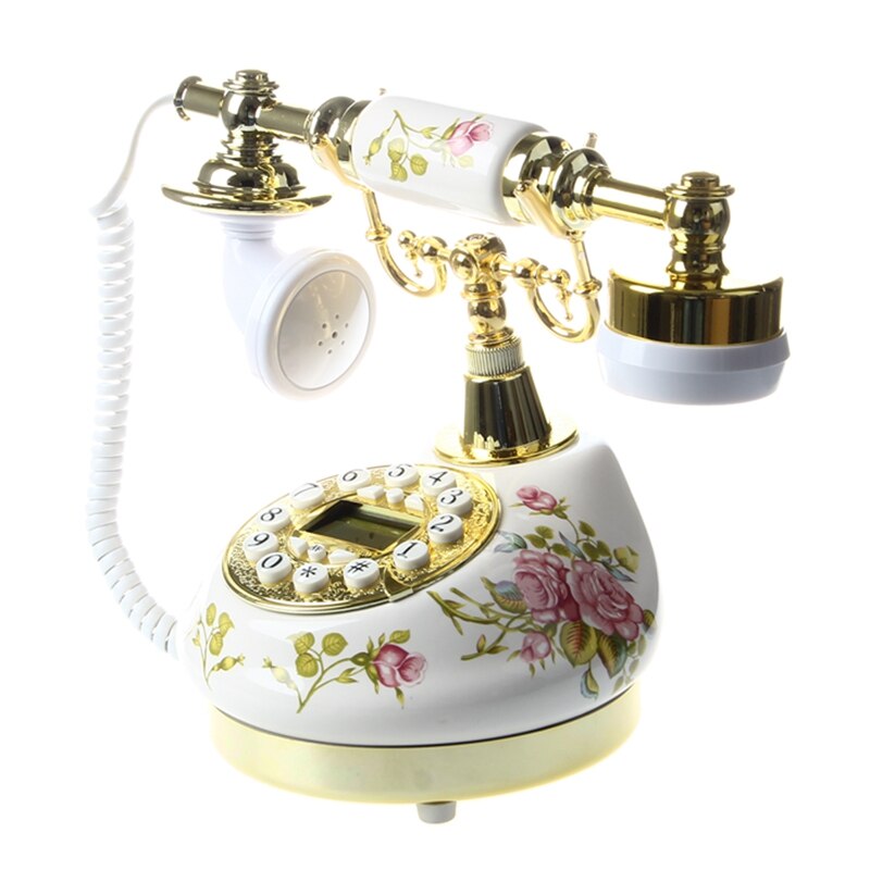 Antique-Style Tabletop Ceramic Telephone - Floral on White Background w/ Brass Accents